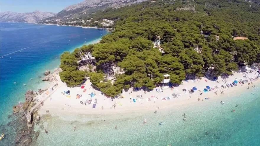 Punta Rata beach in Croatia with people swimming in the sea